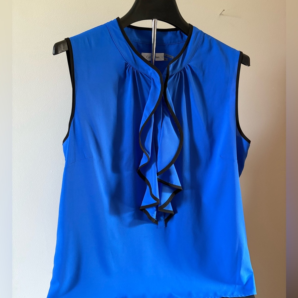 Calvin Klein Designer Blue Ruffled Sleeveless Blouse XL